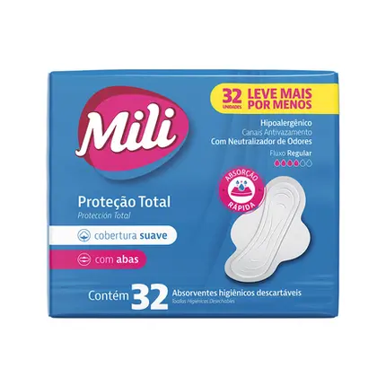 Absorvente Mili Suave Proteção Total c/ Abas com 32 Unidades