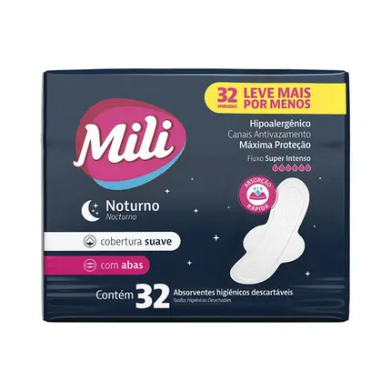 Absorvente Mili Suave Noturno c/Abas com 32 Unidades