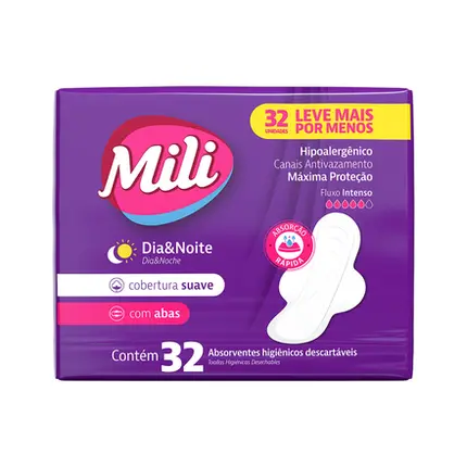 Absorvente Mili Dia e Noite Suave  c/Abas com 32 Unidades