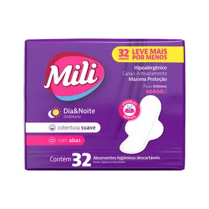 Absorvente Mili Dia e Noite Suave  c/Abas com 32 Unidades